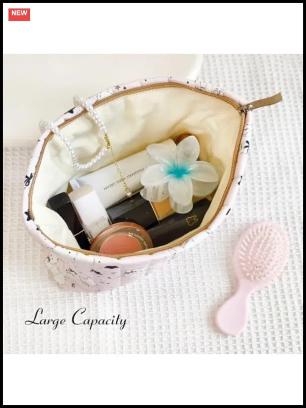 Quilted Canvas Makeup Bag Cosmetic Pouch with Zipper Large Capacity Travel